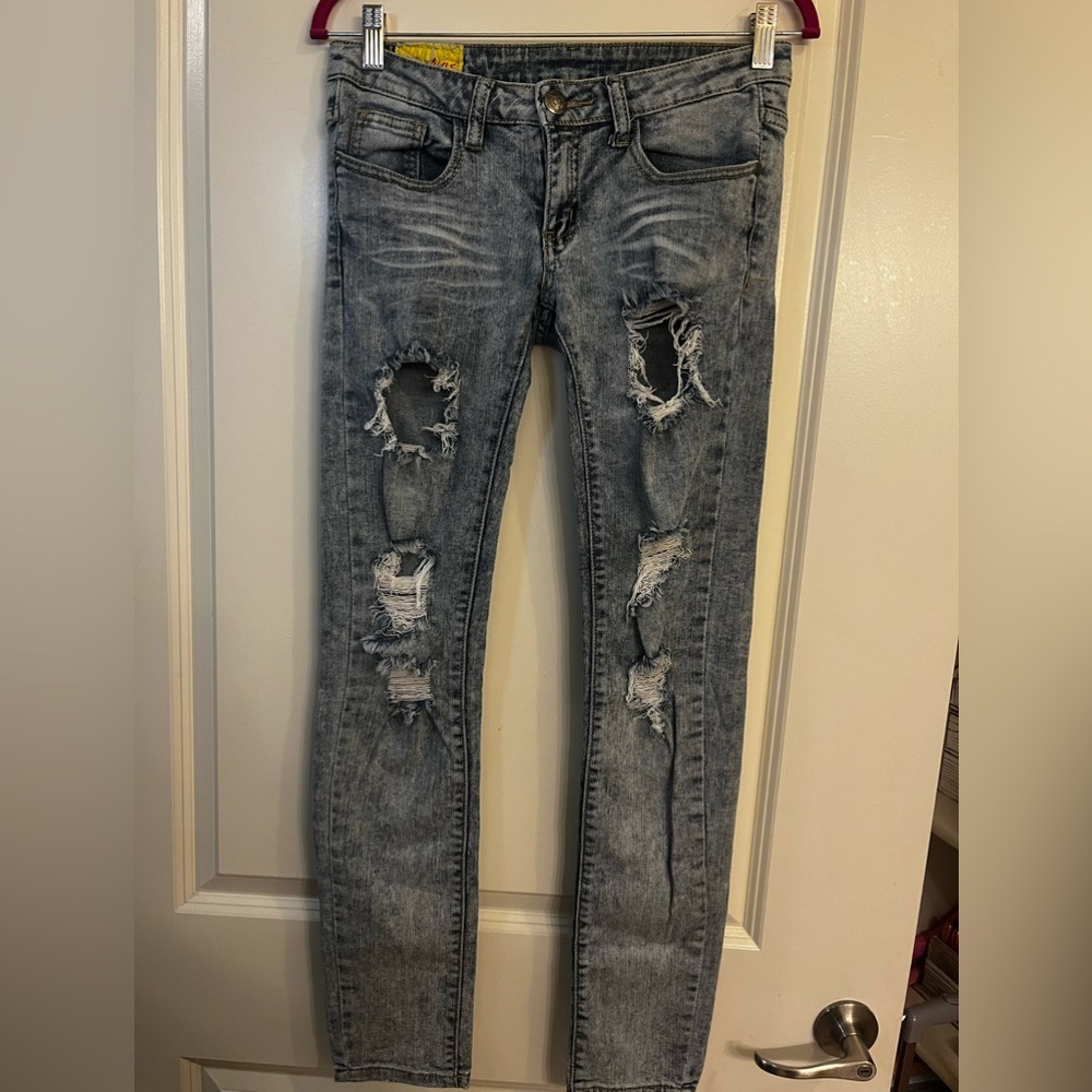 Machine Acid Wash Destroyed Skinny Jeans